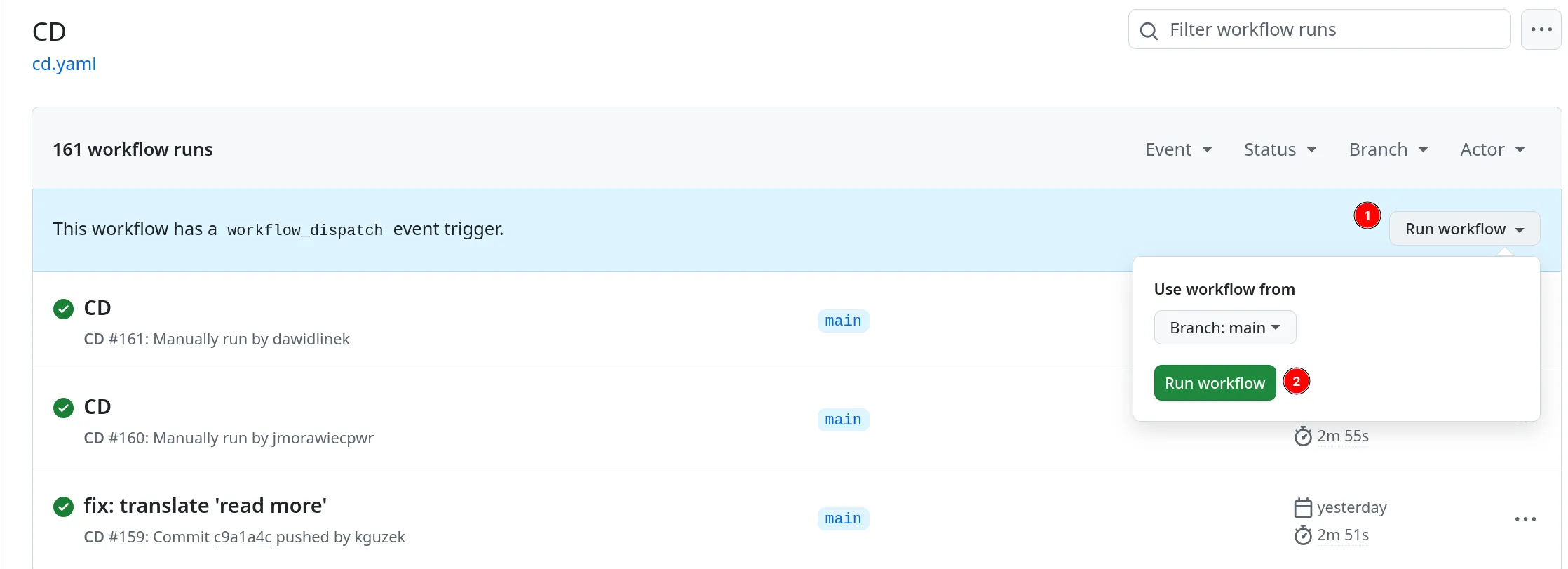 Strona z Github Actions z wskazaniem na przycisk Run Workflow a potem znowu zielony Run Workflow