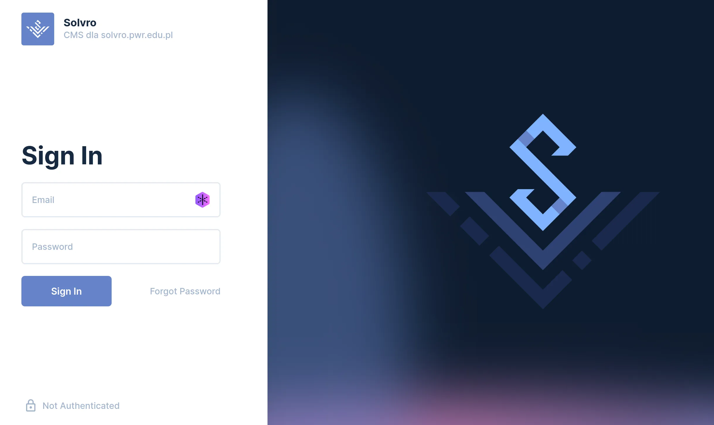 Strona logowania z polami Email i Password