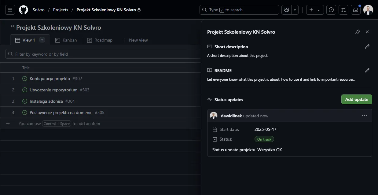 Zakładka aktywności projektu
